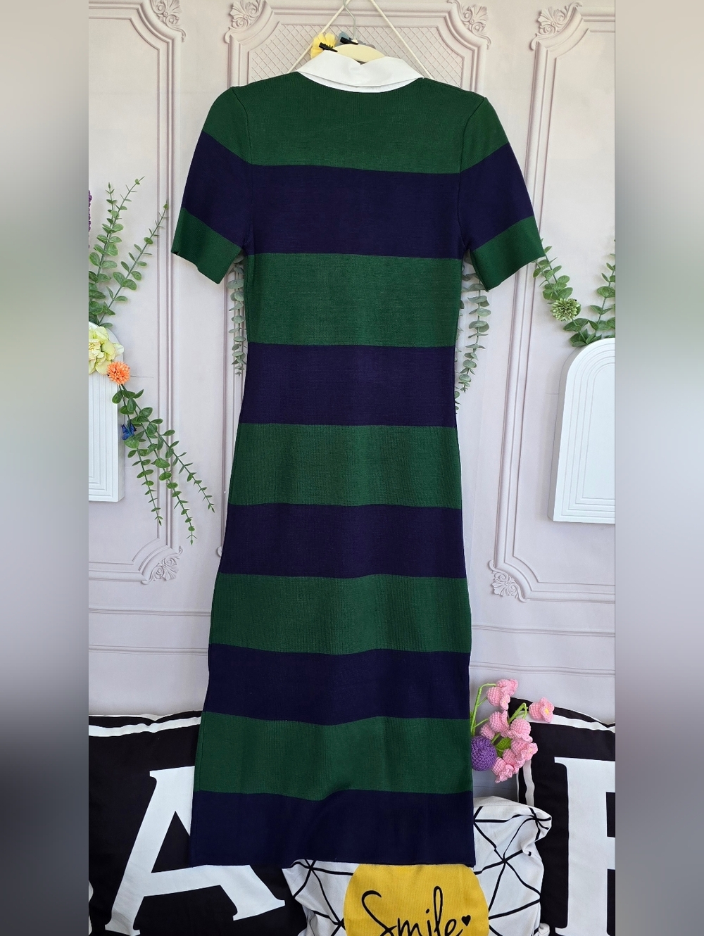 ​Active USA Striped Knit Polo Midi Dress - Navy & Green Preppy Collared Sheath - Picture 5 of 15